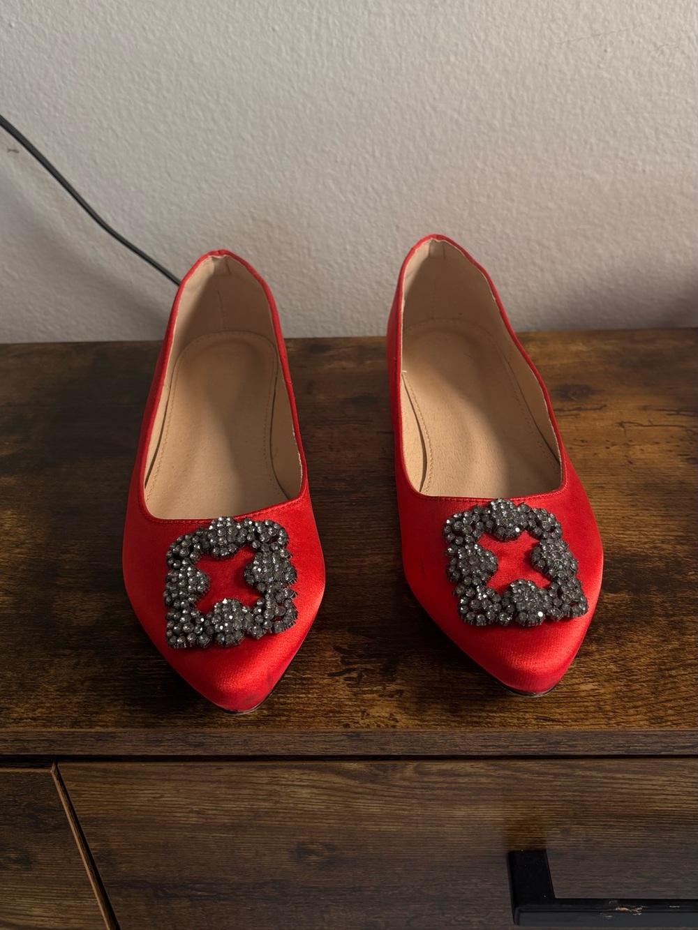 Red Satin Pointed Toe Flats with Embellished Buckle